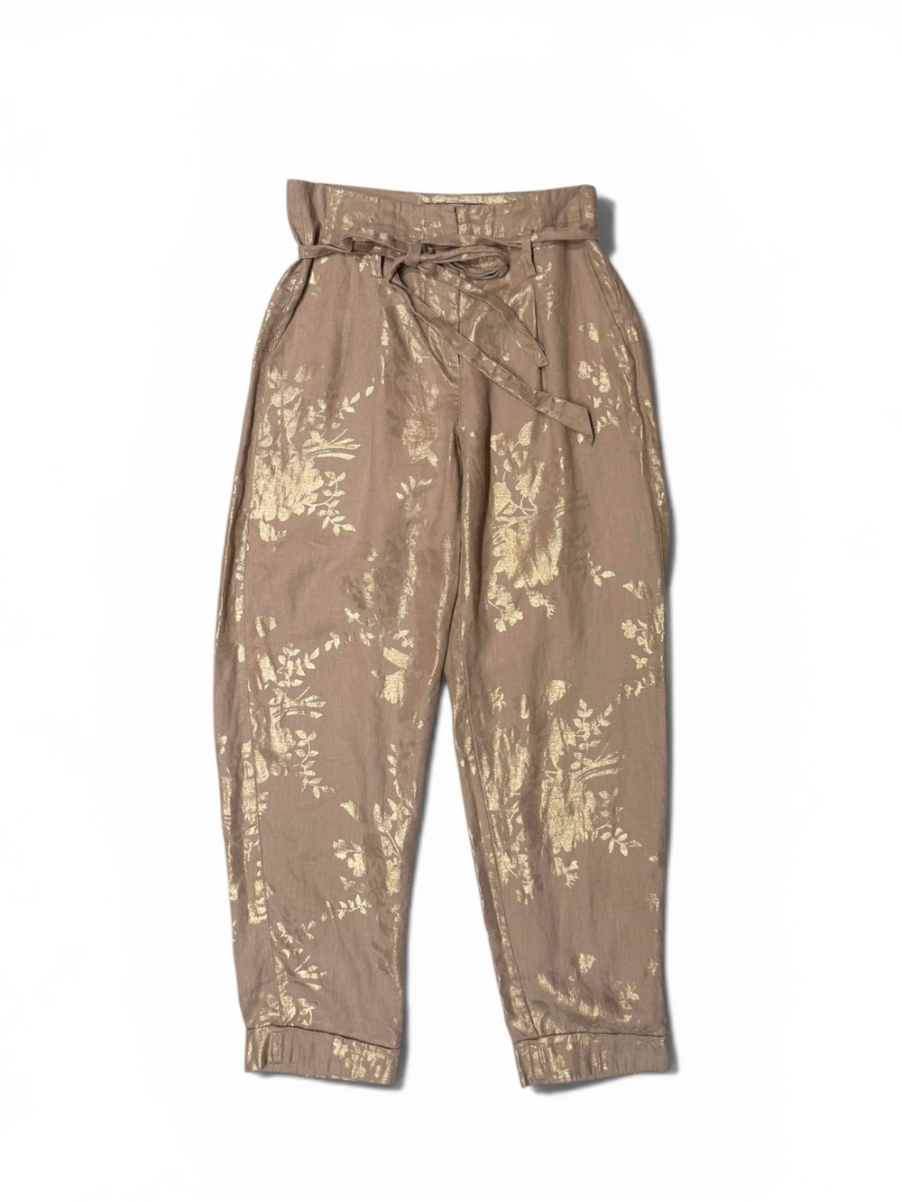 TRISTAN 100% Linen Gold Metallic Floral Belted Pants High-Waist Small Medium